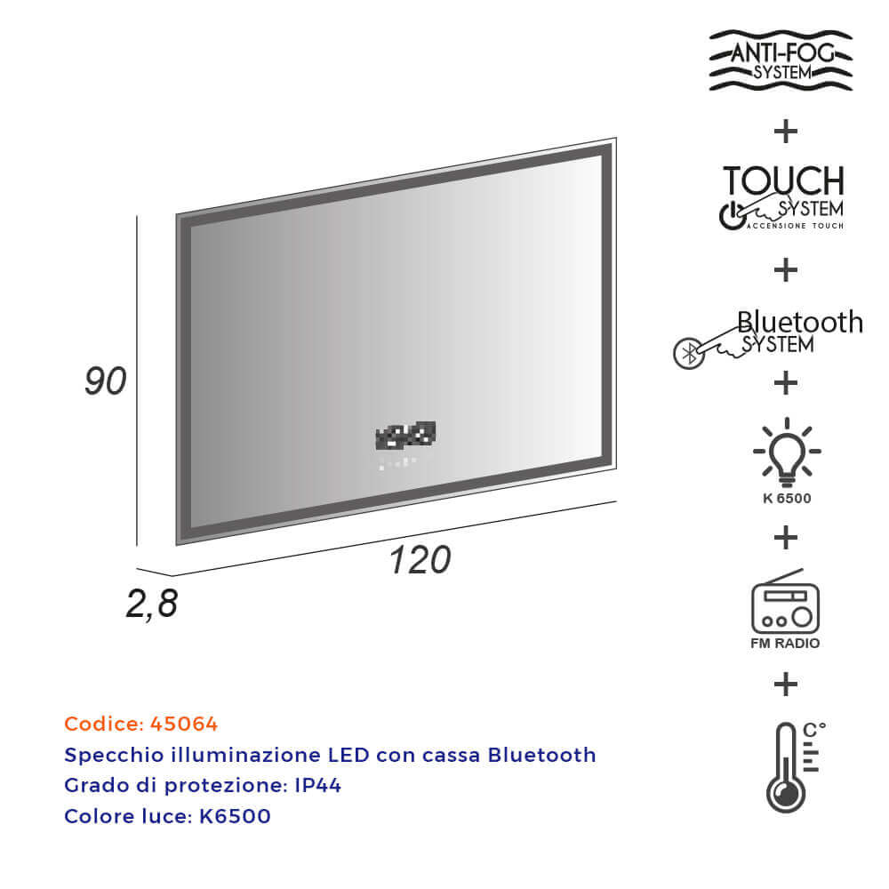 Specchio LED touch con casse Bluetooth radio e temperatura 90X120 anti-fog Arcshop