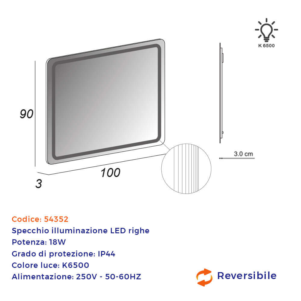 Specchio LED righe intarsiate retroilluminato 90X100 reversibile Arcshop