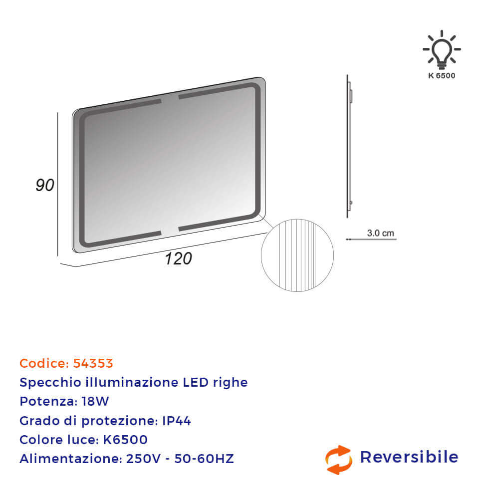 Specchio retroilluminato 90X120 con righe intarsiate reversibile Arcshop