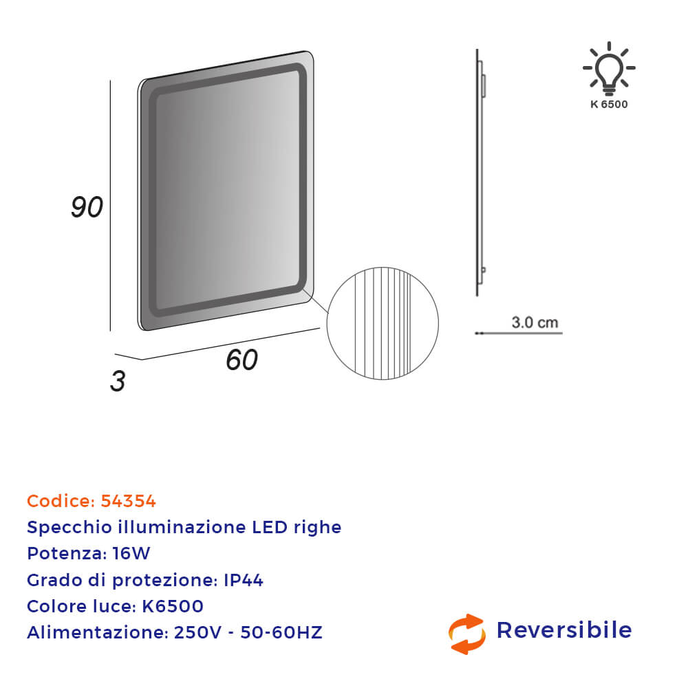 Specchio LED intarsiato righe 90X60 retroilluminato