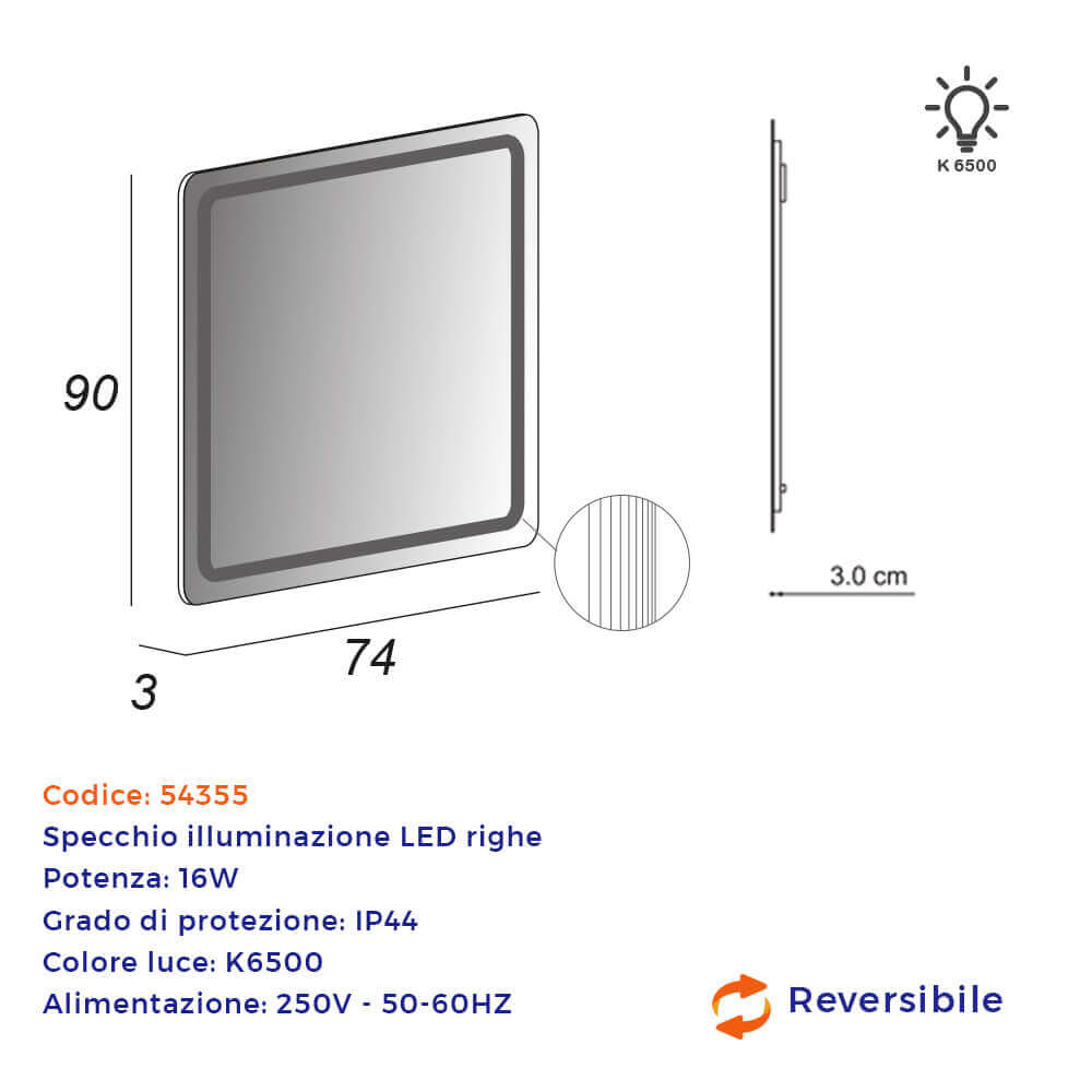 Specchio retroilluminato LED righe 90X74 reversibile Arcshop