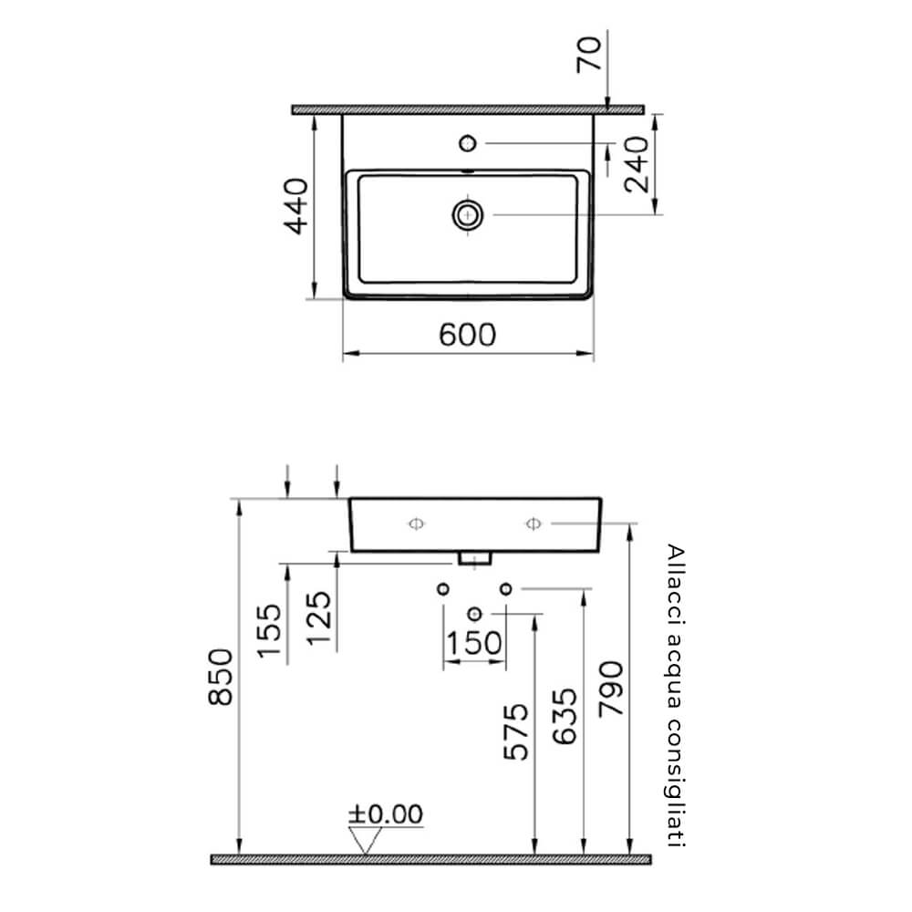 Lavabo per installazione sospesa rettangolare con foro rubinetto Nuo di Vitra 60 cm in ceramica Arcshop