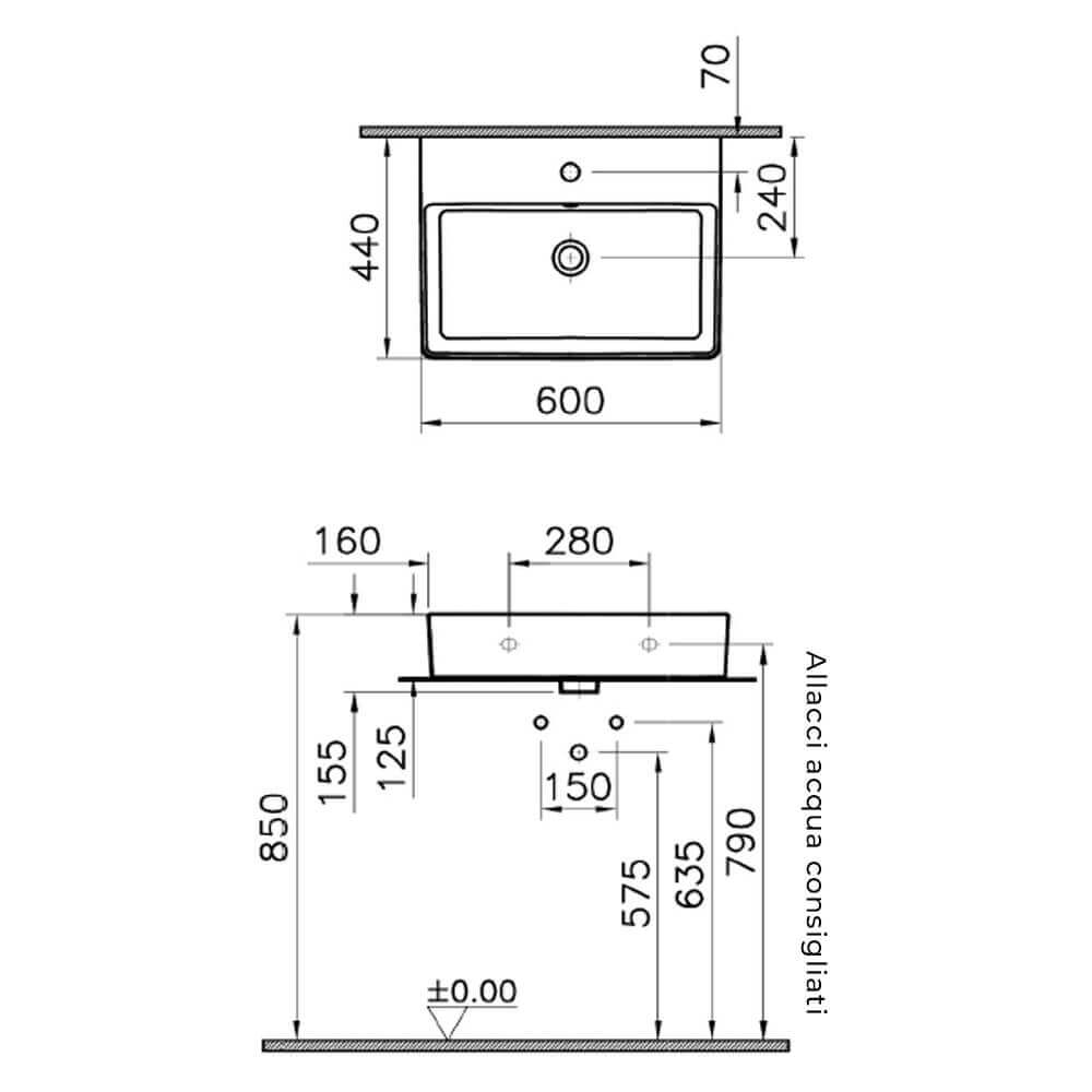 Lavabo da appoggio rettangolare serie Nuo di Vitra Sanitari con foro rubinetto ceramica bianca Arcshop
