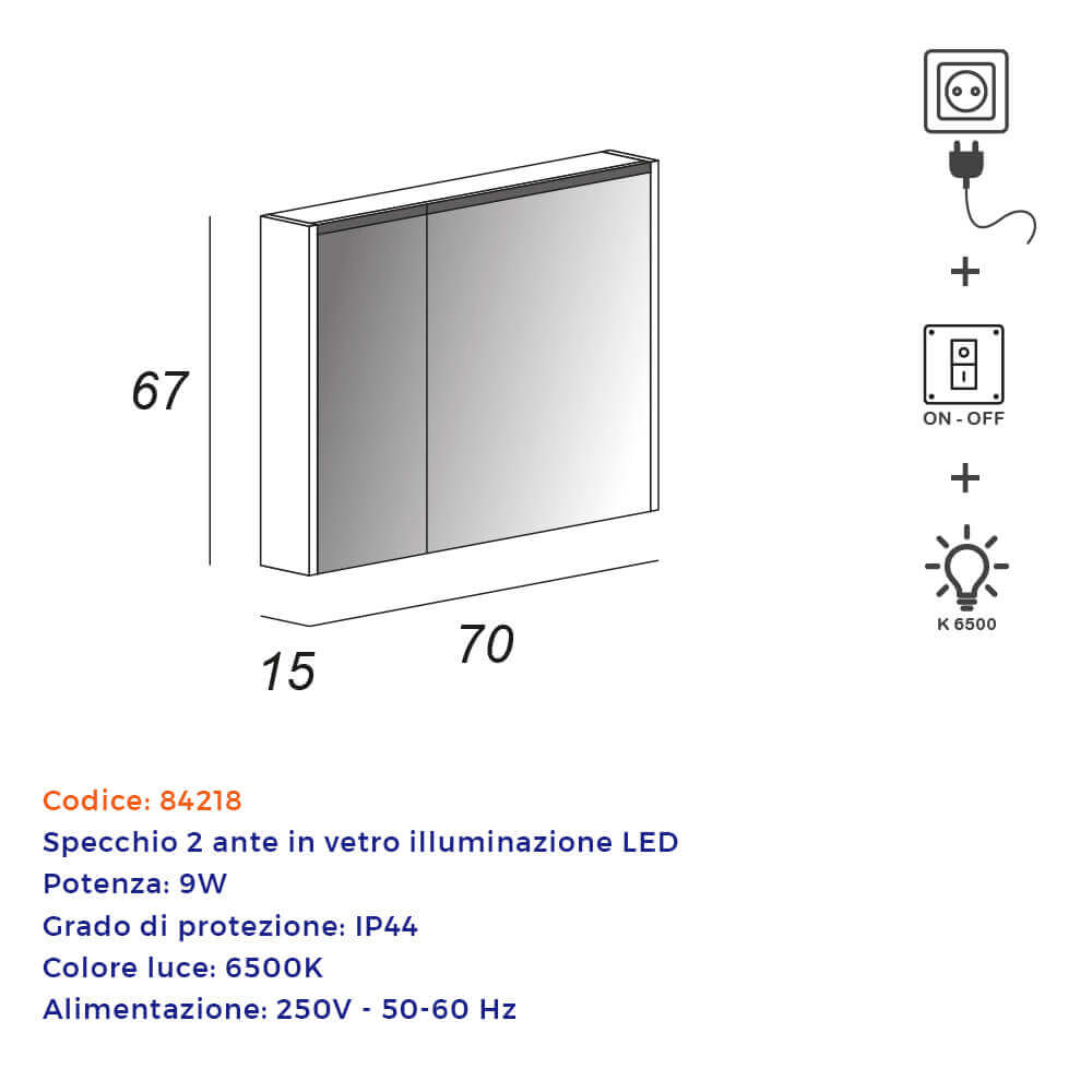 Specchio LED contenitore 67X70X15 due ante con illuminazione Arcshop