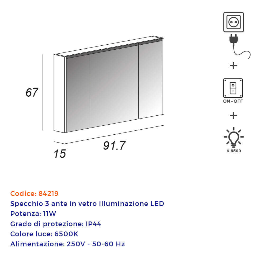 Specchio contenitore 67X91,7X15 tre ante con illuminazione LED Arcshop