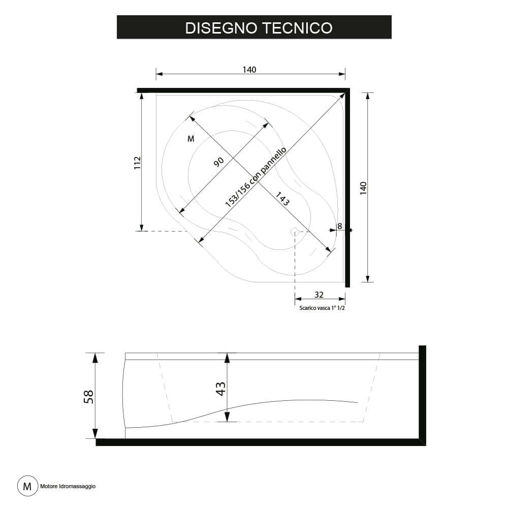 Vasca da bagno idromassaggio angolare 140 cm mod. Aurora Treesse
