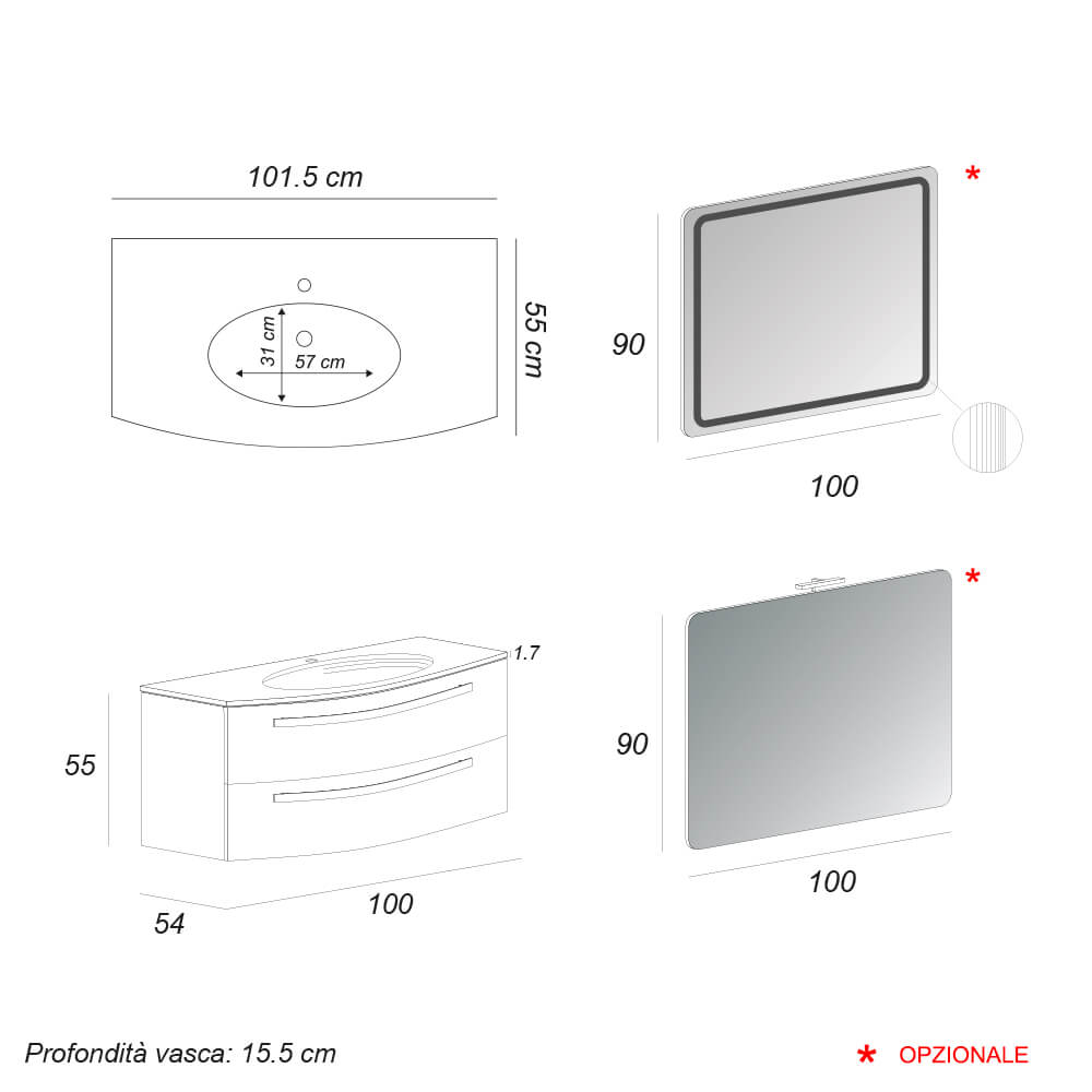 Mobile per bagno bianco lucido 100 cm sospeso bombato - Berlino Arcshop