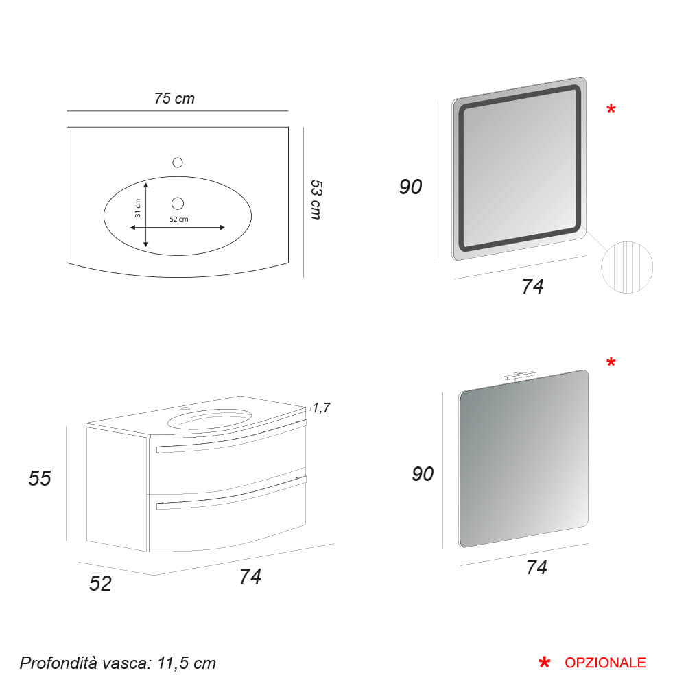 Mobile bagno sospeso 75 cm design tondo bianco lucido - Berlino Arcshop