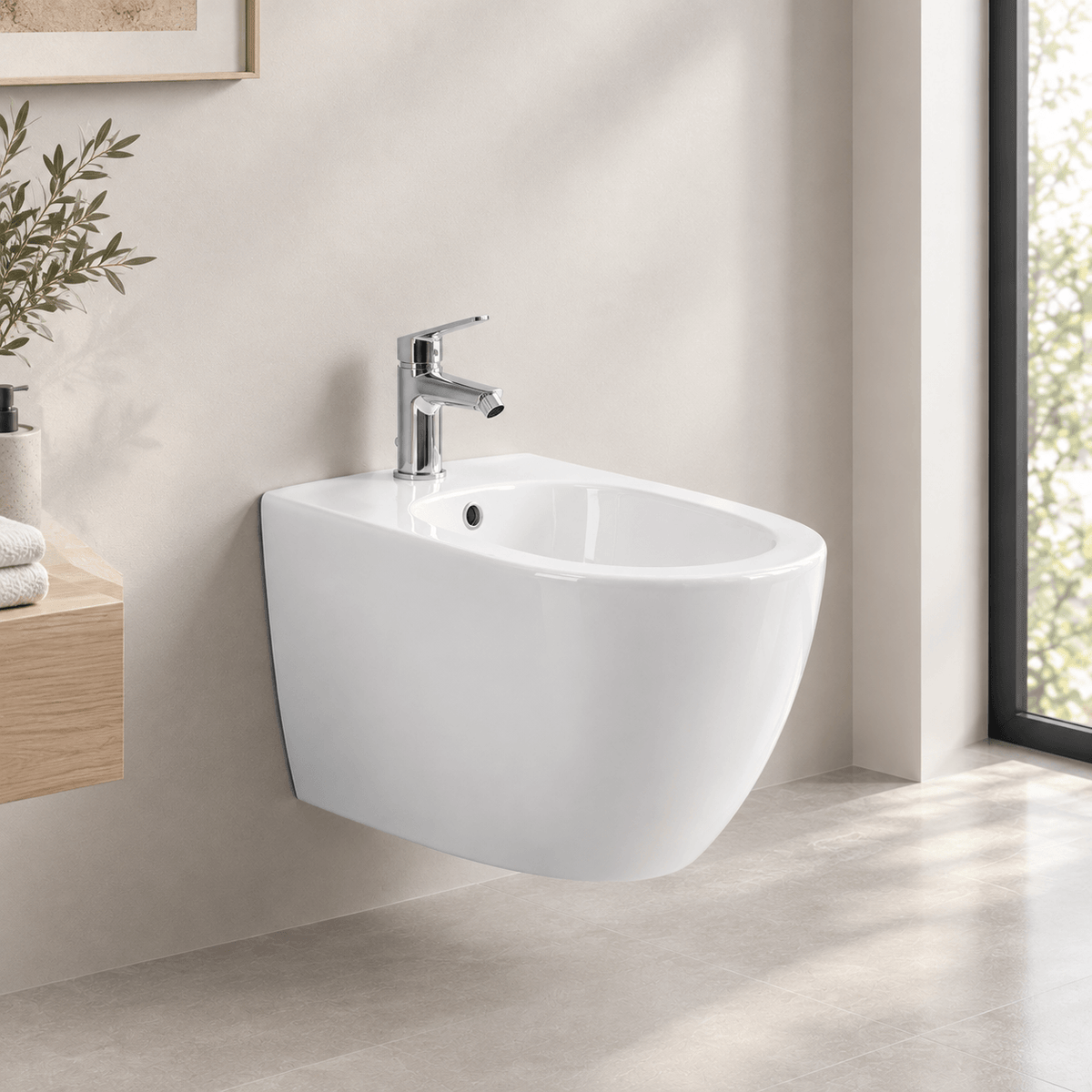 Sanitari Sospesi Rimless Alicante: Coppia WC e Bidet ad Ovetto Bianco Lucido
