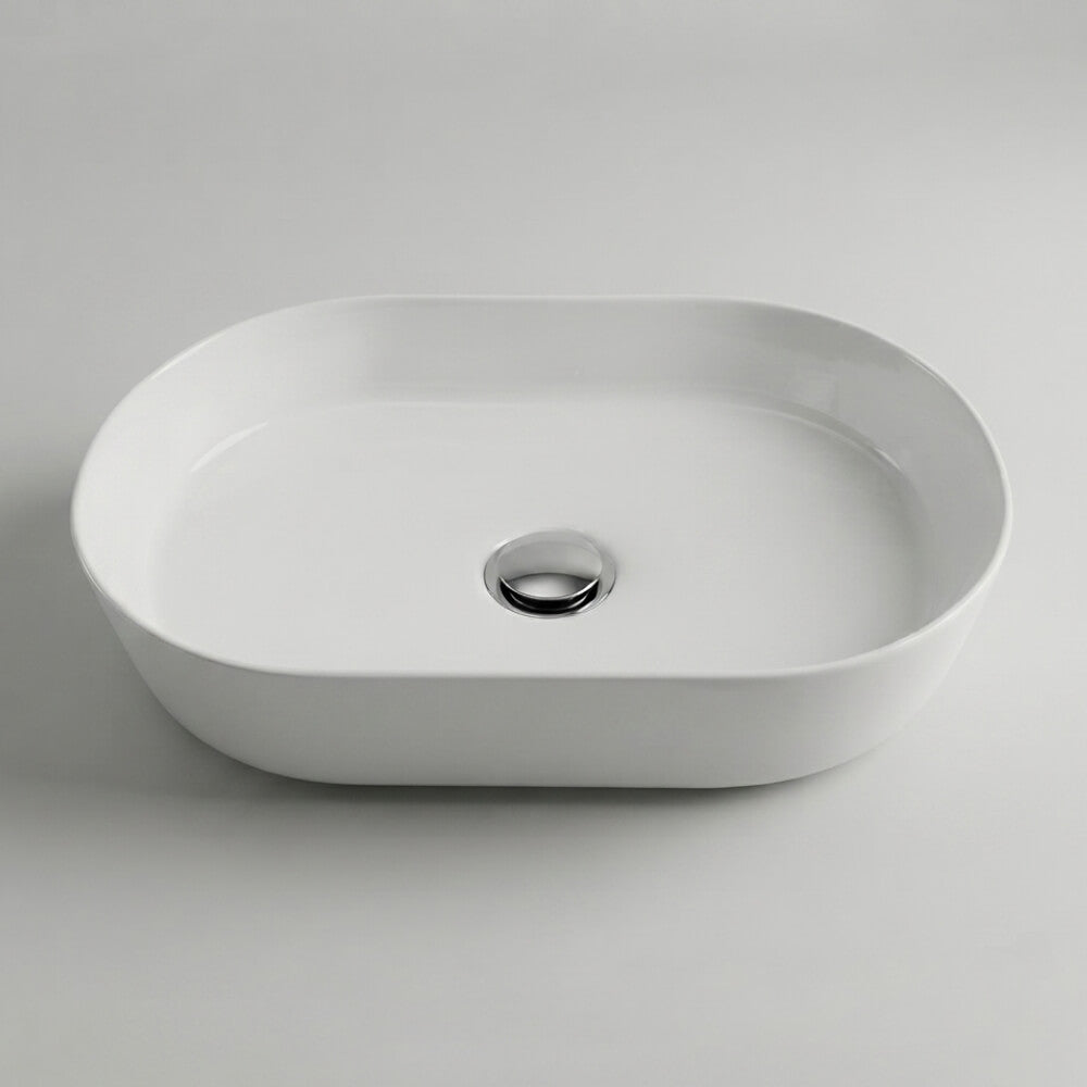 Lavabo da appoggio ovale 60 cm in ceramica bianco lucido