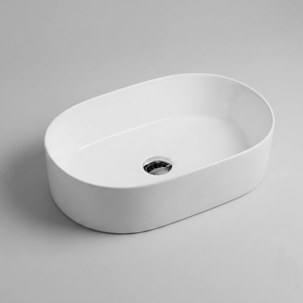 Lavabo da appoggio ovale 60 cm in ceramica bianco lucido