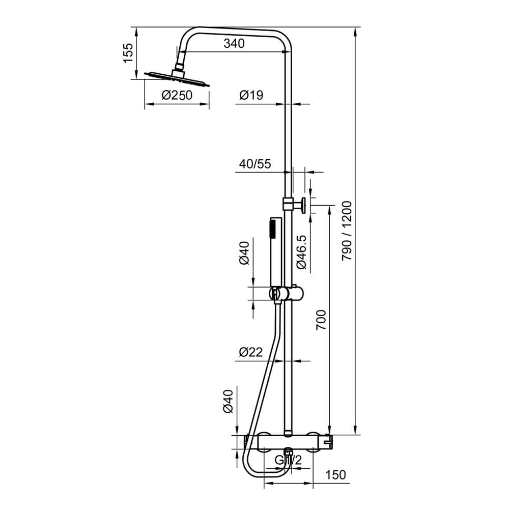 Colonna doccia tonda in acciaio regolabile con miscelatore termostatico doccetta monogetto e soffione ultra slim 25 cm