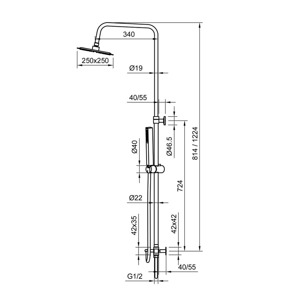 Colonna doccia regolabile in acciaio con deviatore integrato doccetta monogetto e soffione quadrato ultraslim 25X25 cm
