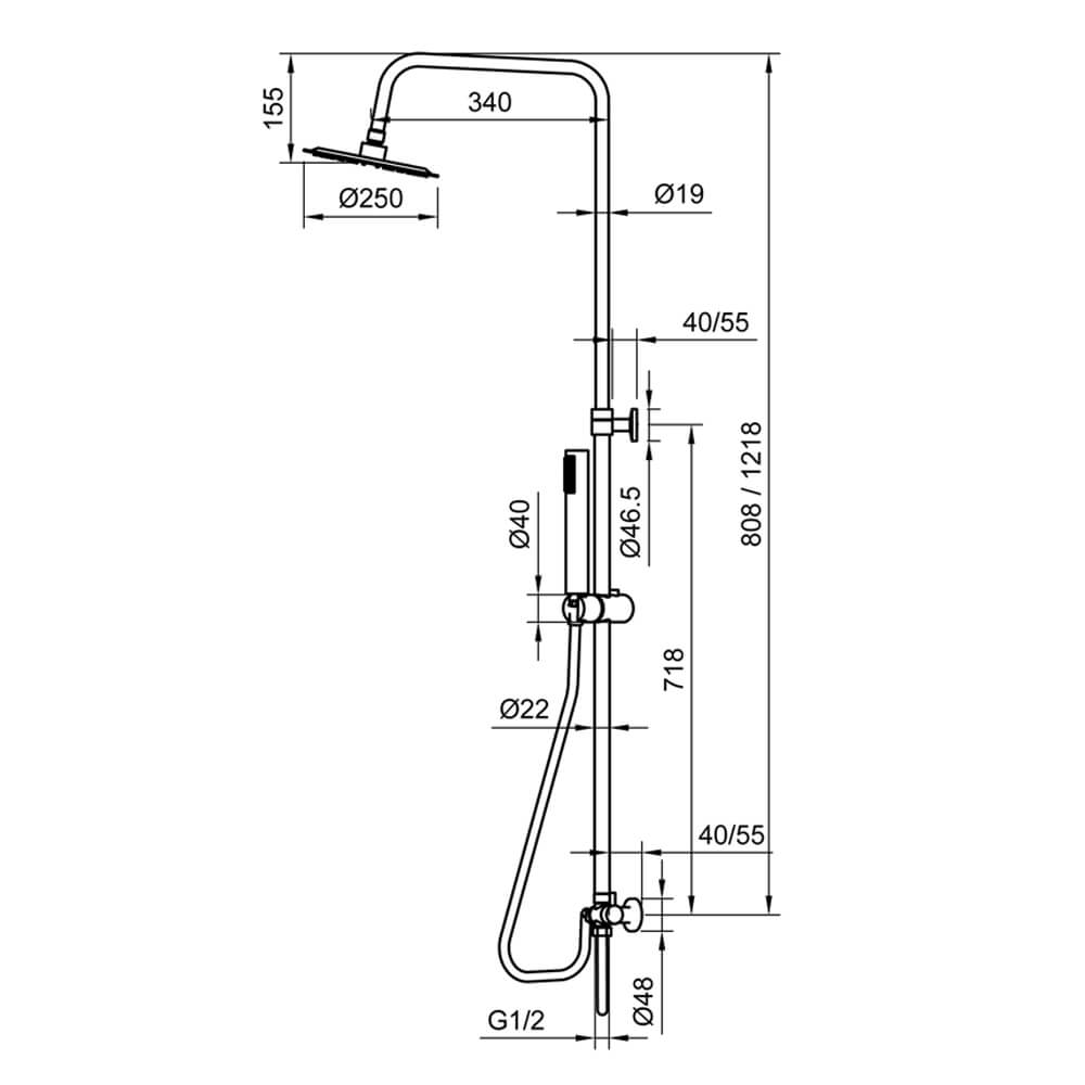 Colonna doccia tonda regolabile in acciaio con deviatore integrato doccetta monogetto e soffione tondo ultraslim 25 cm Arcshop
