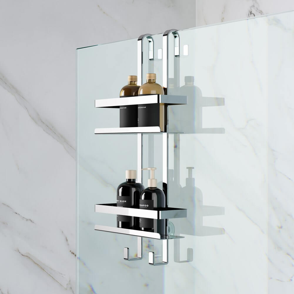 Mensole doccia da appoggio doppio ripiano con gancetti interni ed esterni acciaio Inox 304 Metaform Arcshop