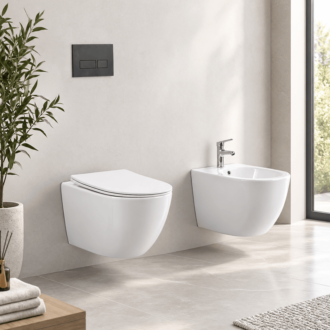 Sanitari Sospesi Rimless Alicante: Coppia WC e Bidet ad Ovetto Bianco Lucido