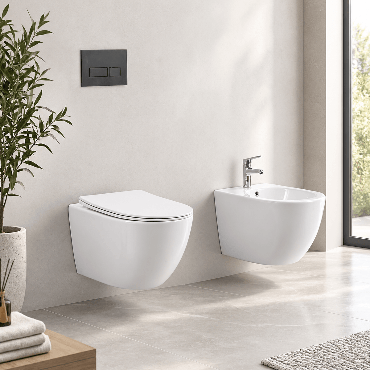 Sanitari Sospesi Rimless Alicante: Coppia WC e Bidet ad Ovetto Bianco Lucido