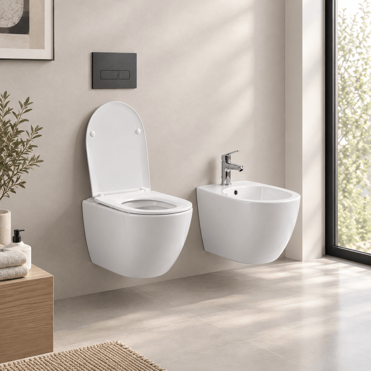 Sanitari Sospesi Rimless Alicante: Coppia WC e Bidet ad Ovetto Bianco Lucido