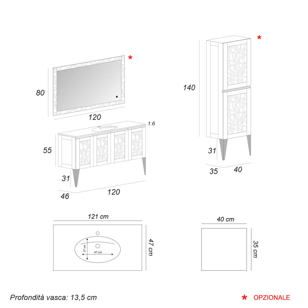 Mobile bagno Bianco opaco 120 cm con lavorazione a rilievo Denver