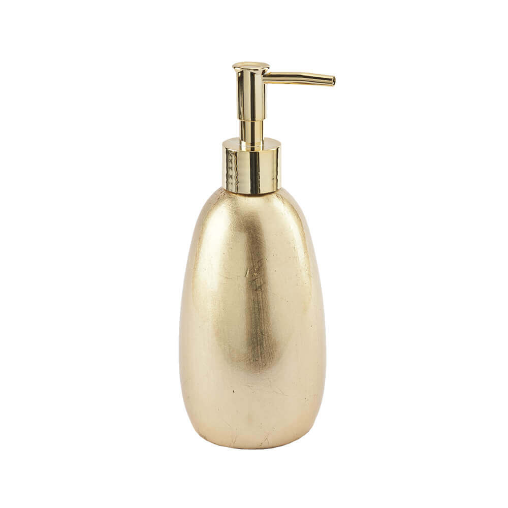 Set accessori bagno da appoggio 4 pezzi Dispenser Bicchiere Porta sapone e Scopino finitura foglia oro
