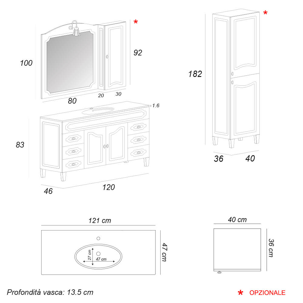 Mobile bagno classico decapè 120 cm a terra Firenze