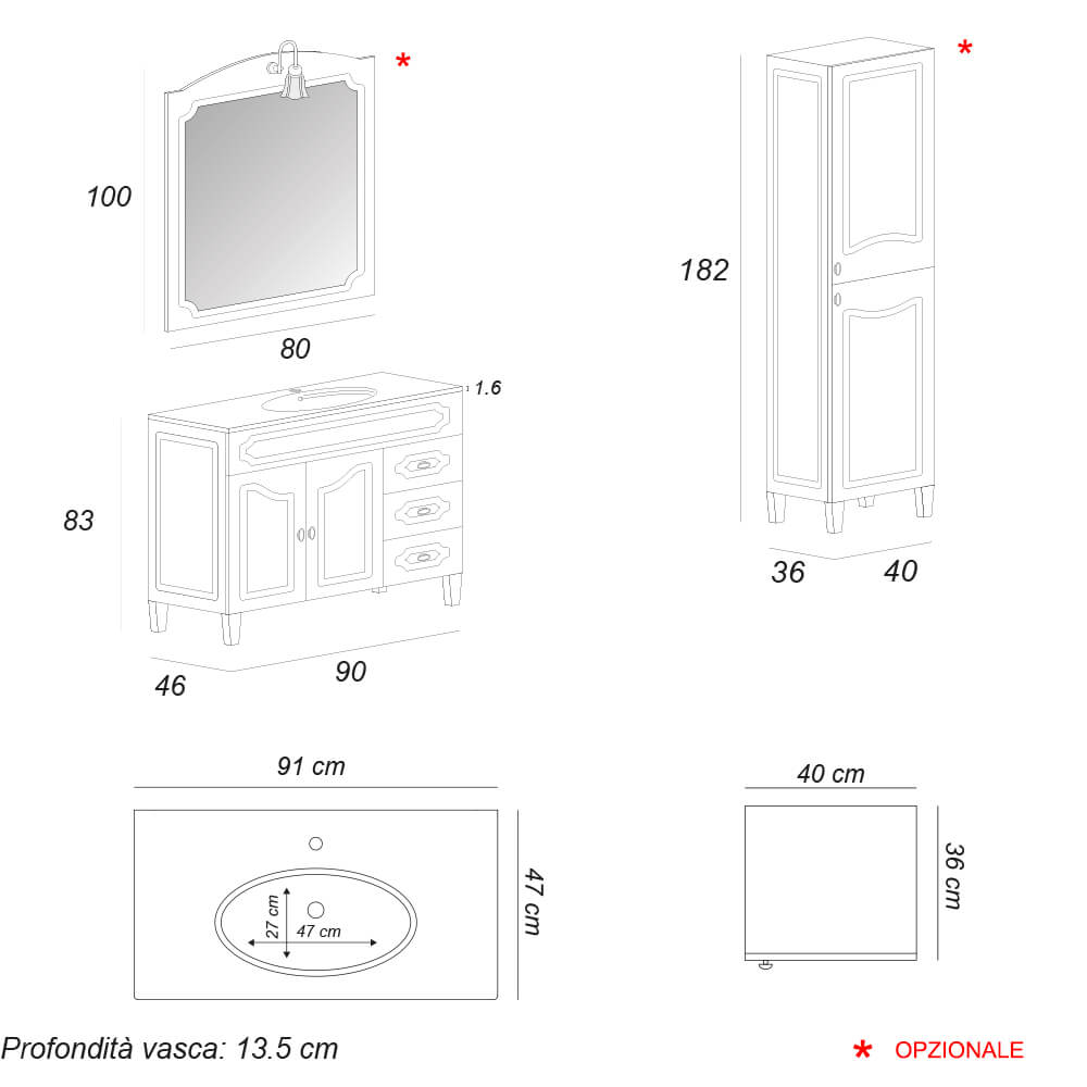 Mobile bagno 90 cm classico a terra in finitura Decapè Firenze