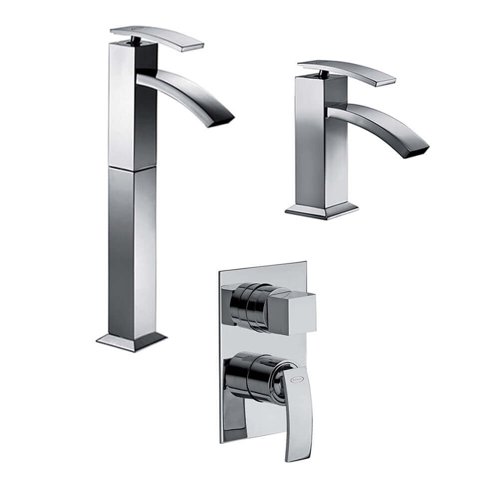 Set miscelatori lavabo alto + bidet + incasso doccia con deviatore Jacuzzi | rubinetteria Glint ottone cromato Arcshop