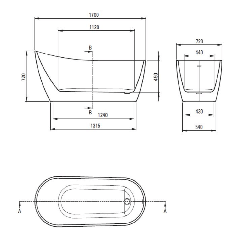 Vasca da bagno Freestanding 170 cm con bordo alto Arcshop