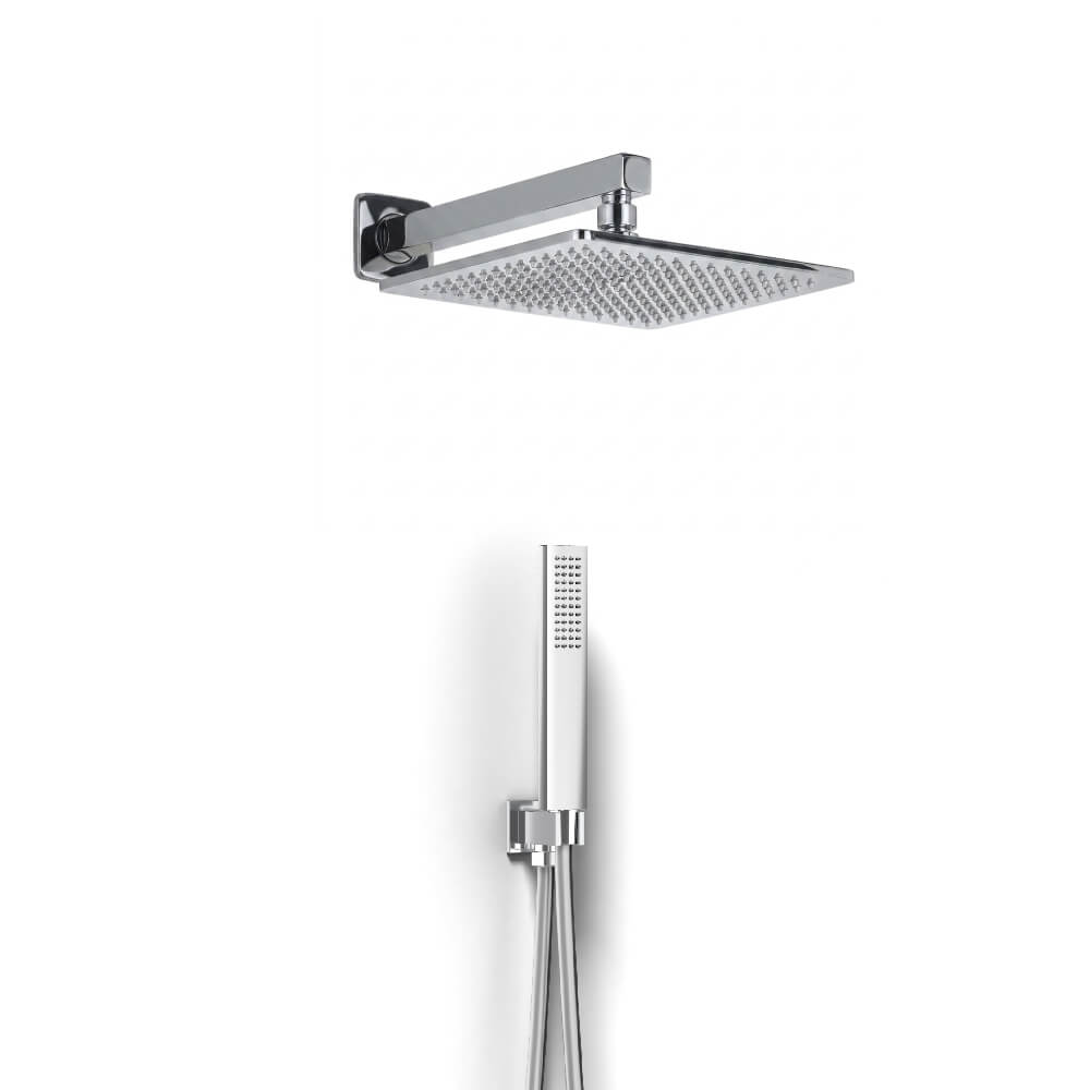 Kit Doccia Cromo con Soffione Quadrato 25x25 Slim, Braccio 35cm, Doccino e Presa Acqua in Ottone