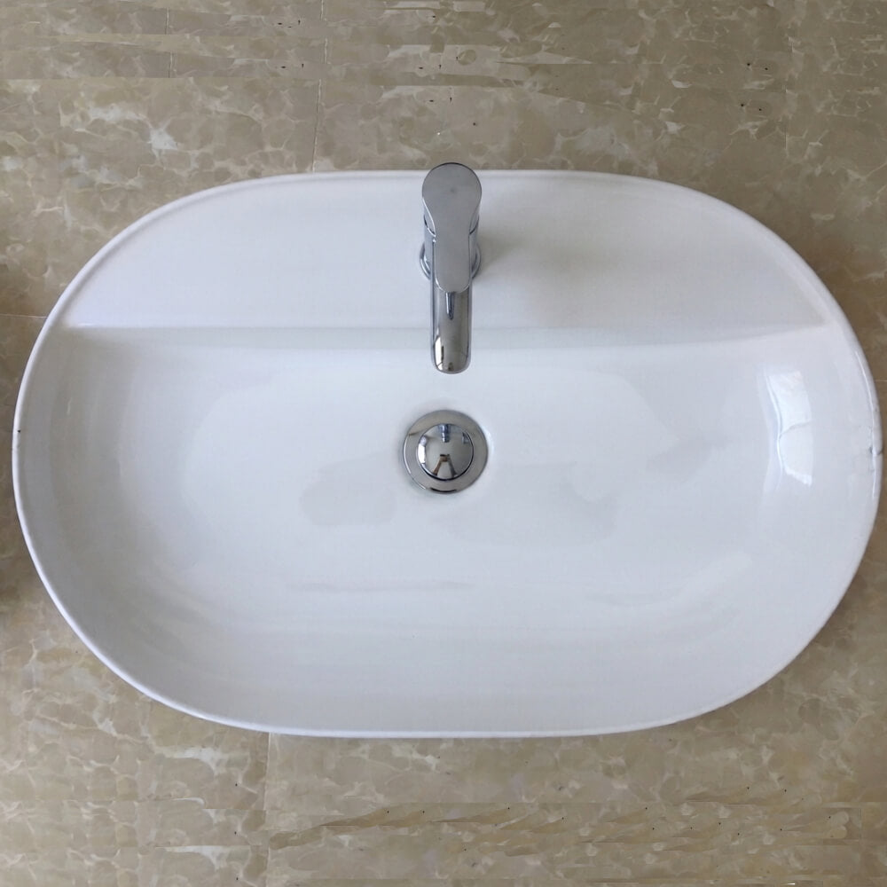Lavabo da appoggio ovale 60 cm con foro rubinetto in ceramica bianco lucido
