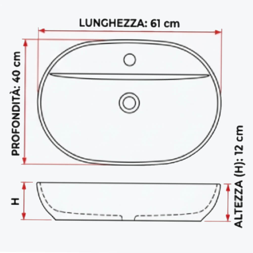 Lavabo da appoggio ovale 60 cm con foro rubinetto in ceramica bianco lucido
