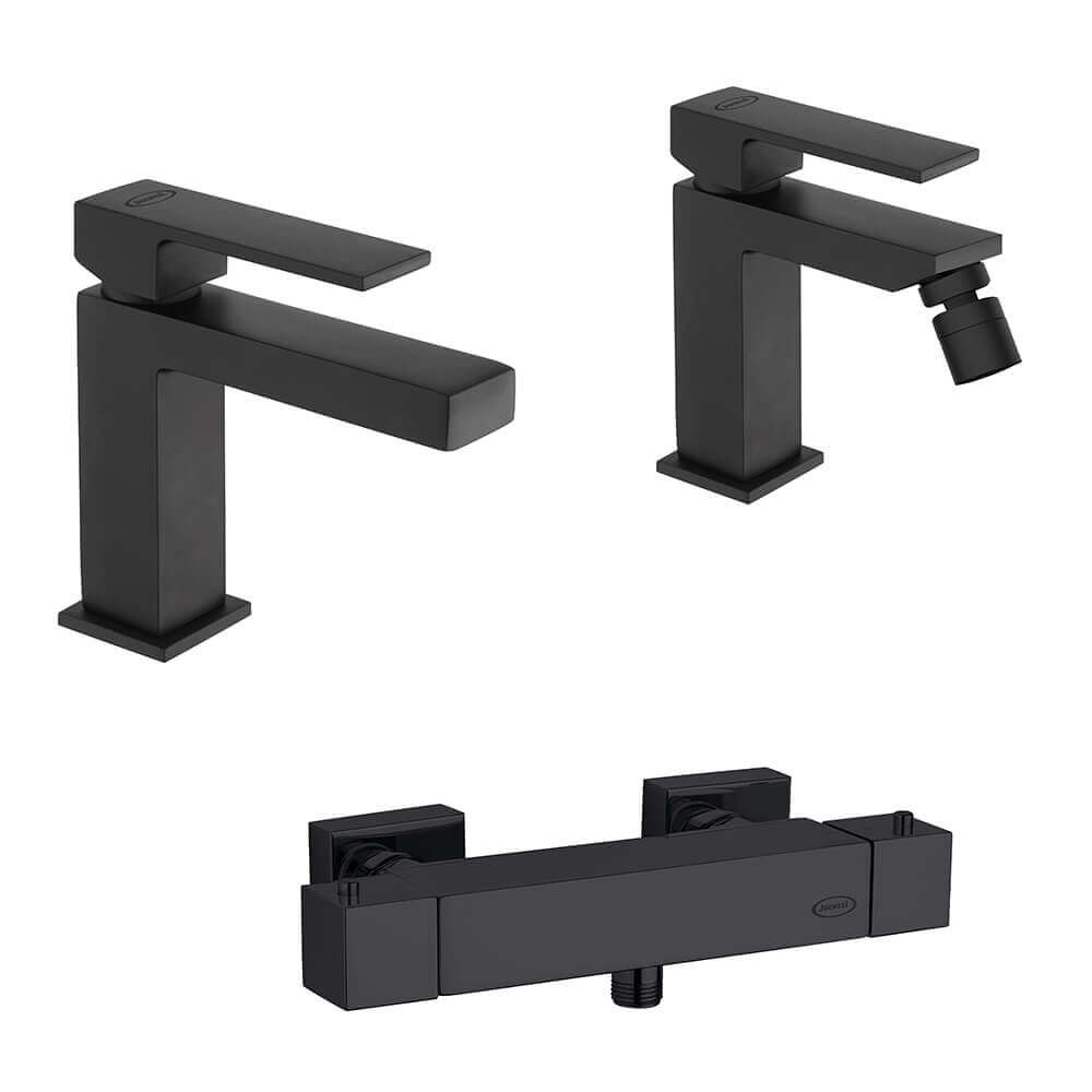 Set miscelatori lavabo bidet ed esterno doccia termostatico Jacuzzi Rubinetteria nero opaco serie Twinkle