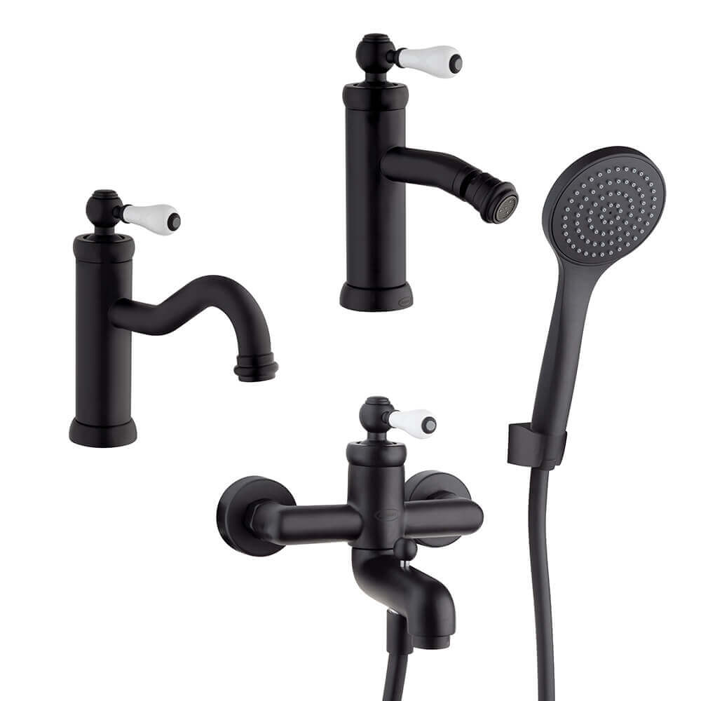 Jacuzzi Rubinetteria set miscelatori Tosca lavabo bidet e gruppo vasca color nero opaco Arcshop