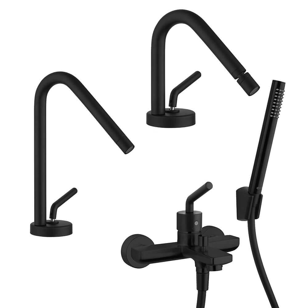 Set rubinetti Lumos nero opaco lavabo bidet e gruppo vasca Jacuzzi Rubinetteria Arcshop