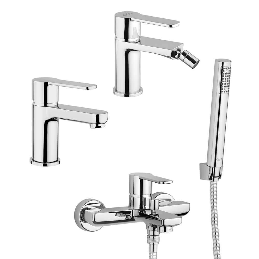 Set miscelatori lavabo + bidet + gruppo vasca Jacuzzi | rubinetteria Eolo ottone cromato per piletta click clack Arcshop