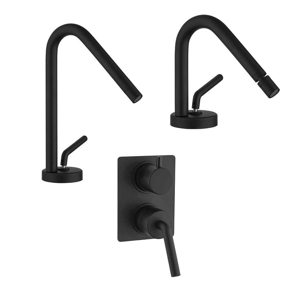 Set miscelatori lavabo bidet e incasso doccia con deviatore nero opaco Jacuzzi Rubinetteria serie Lumos