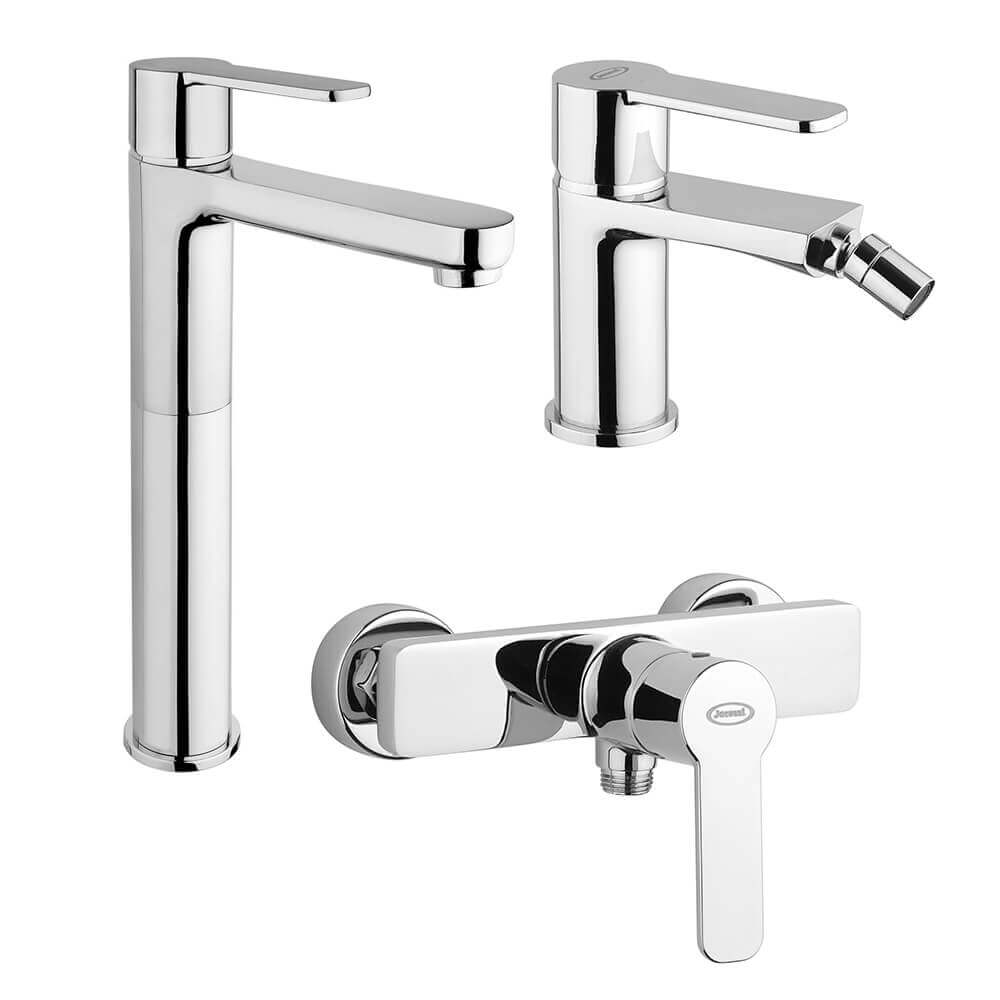 Set miscelatori lavabo alto + bidet + esterno doccia Jacuzzi | rubinetteria Eolo ottone cromato per piletta click clack