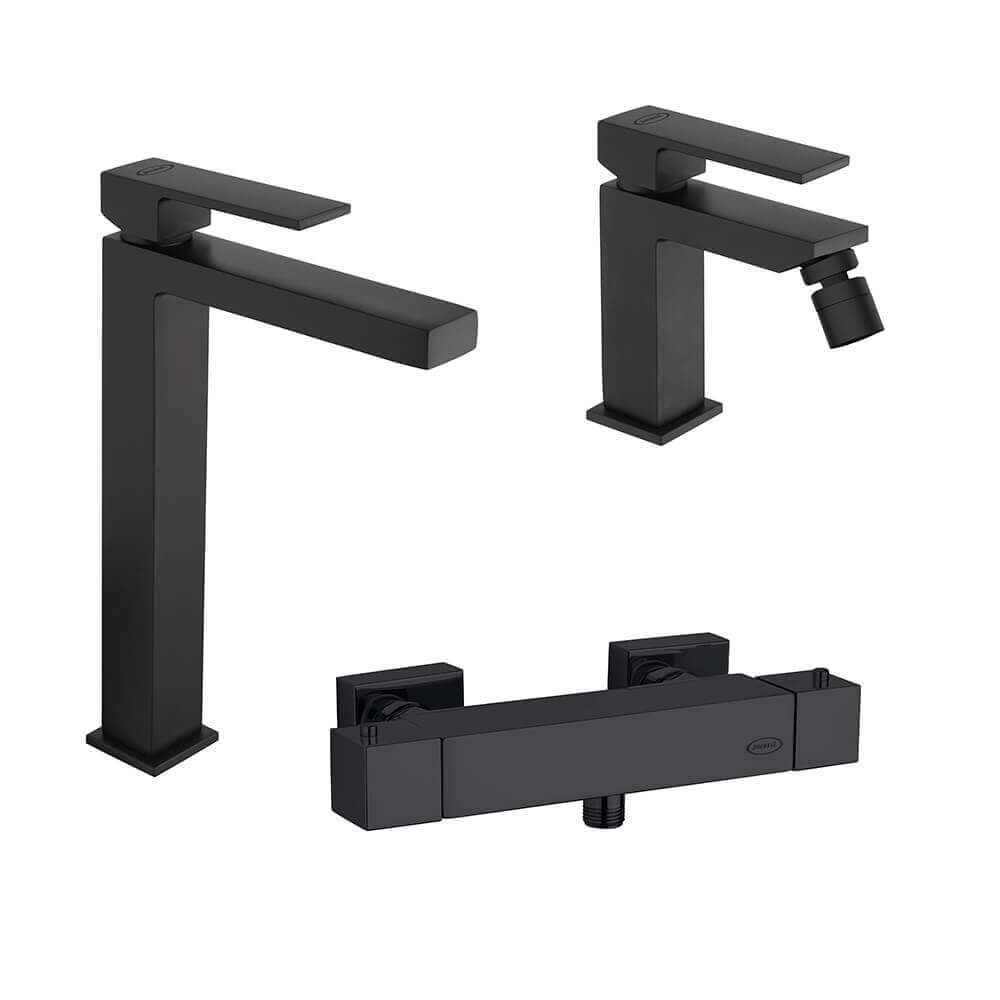 Set miscelatori Jacuzzi Rubinetteria lavabo alto bidet ed esterno doccia termostatico serie Twinkle nero opaco