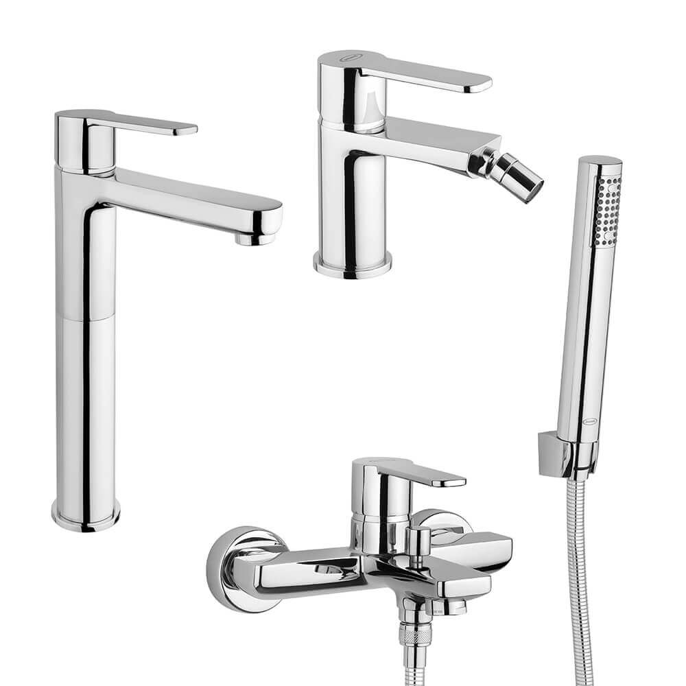 Set miscelatori lavabo alto + bidet + gruppo vasca Jacuzzi | rubinetteria Eolo ottone cromato per piletta clic clac Arcshop