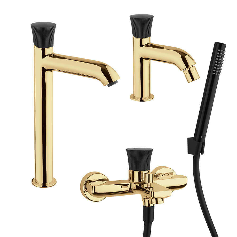 Kit rubinetti lavabo alto bidet e gruppo vasca oro spazzolato Jacuzzi Rubinetteria serie Illumina Arcshop