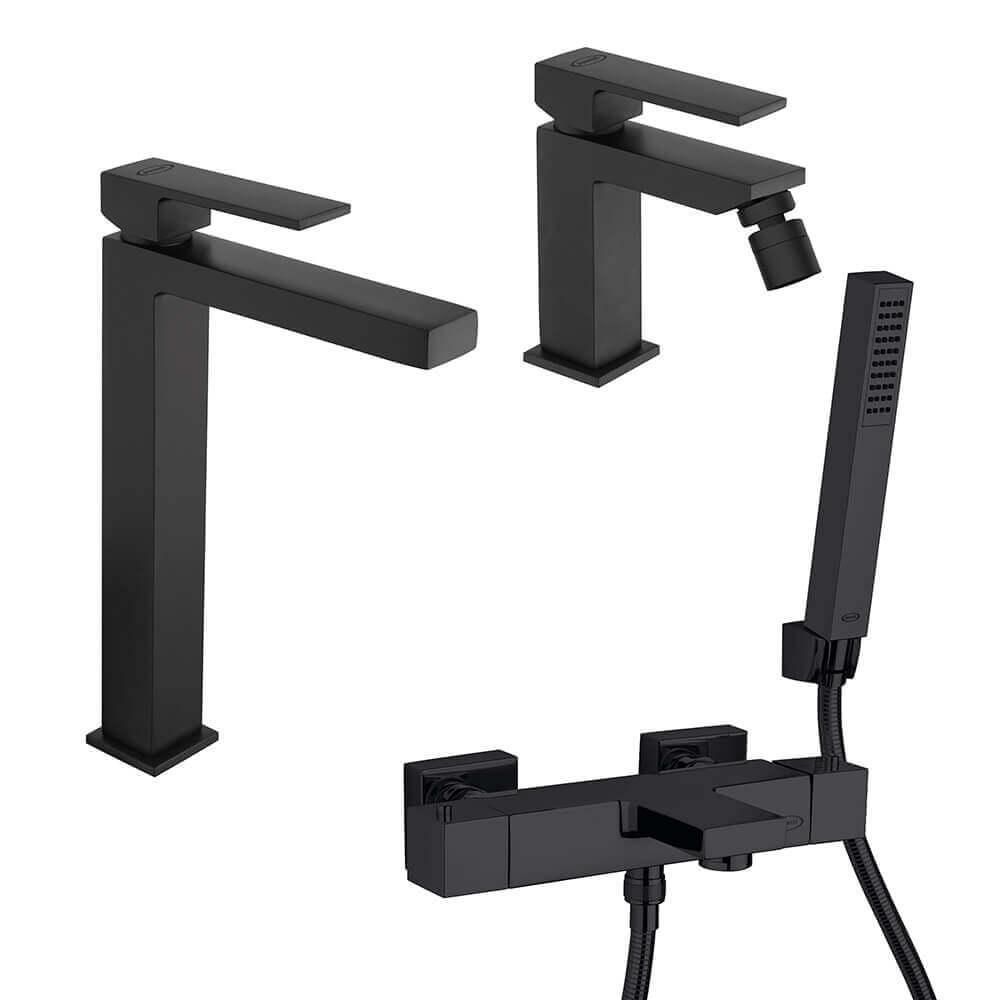 Set rubinetti lavabo alto bidet e gruppo vasca termostatico nero opaco serie Twinkle di Jacuzzi Rubinetteria Arcshop