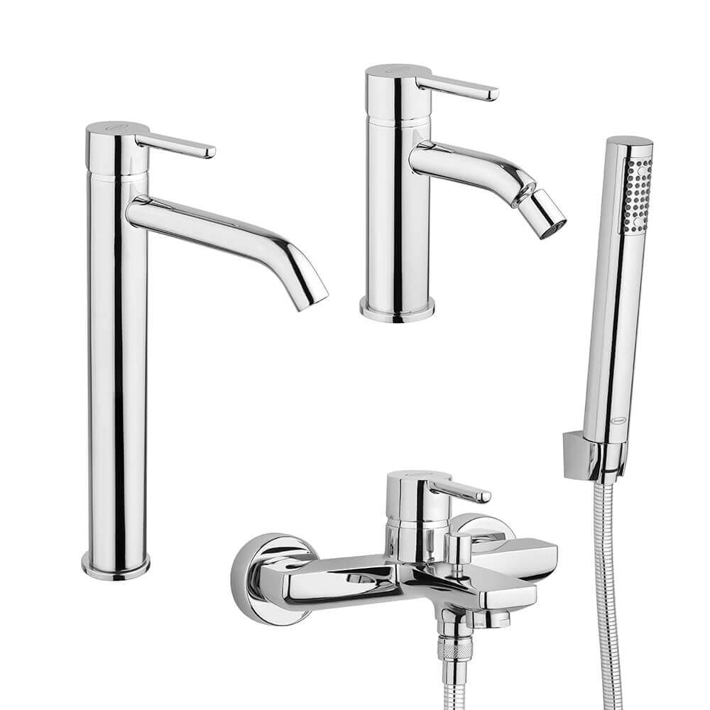 Set miscelatori lavabo alto + bidet + gruppo vasca Jacuzzi | rubinetteria Sunset ottone cromato per piletta click clack