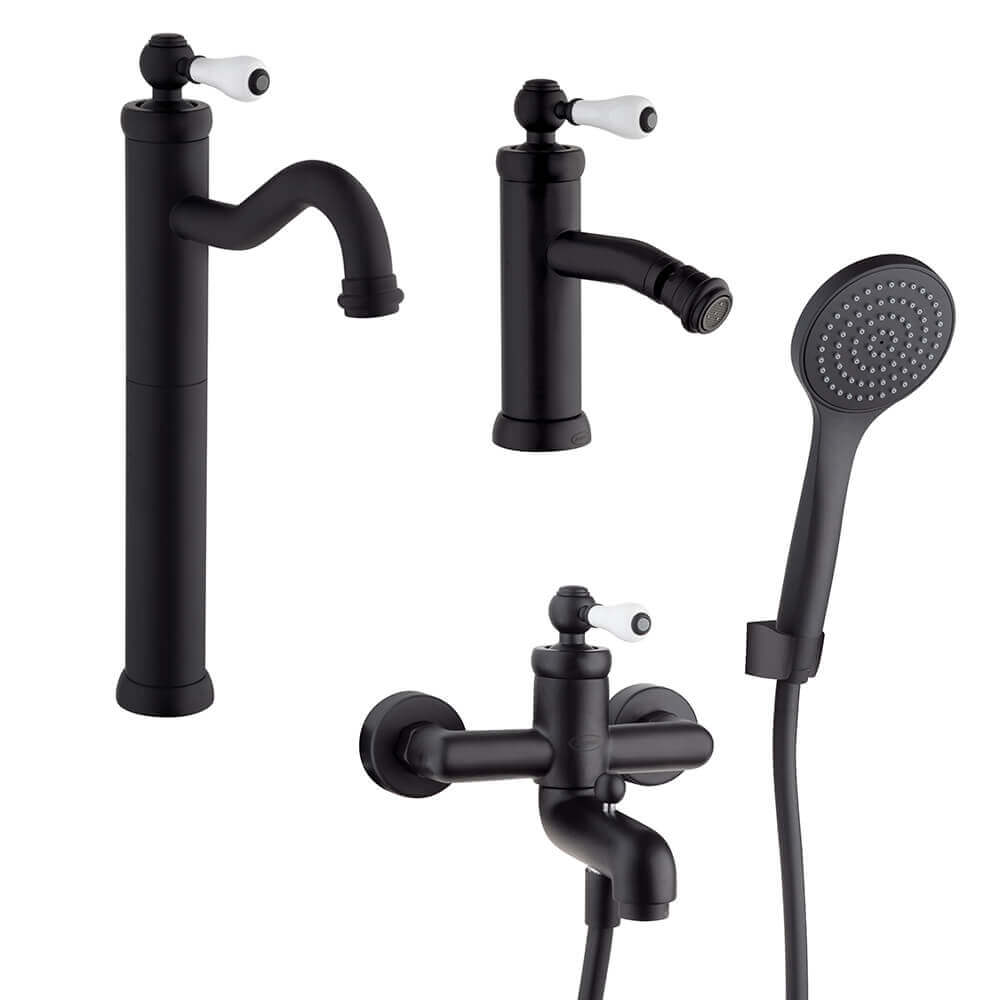 Rubinetti lavabo alto bidet e gruppo vasca Jacuzzi Rubinetteria serie Tosca nero opaco