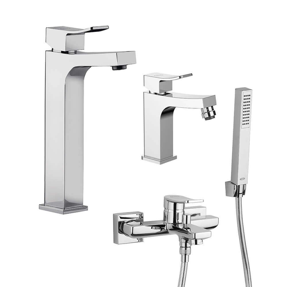 Miscelatore lavabo alto + bidet + gruppo vasca Jacuzzi | rubinetteria Tank ottone cromato per piletta click clack Arcshop