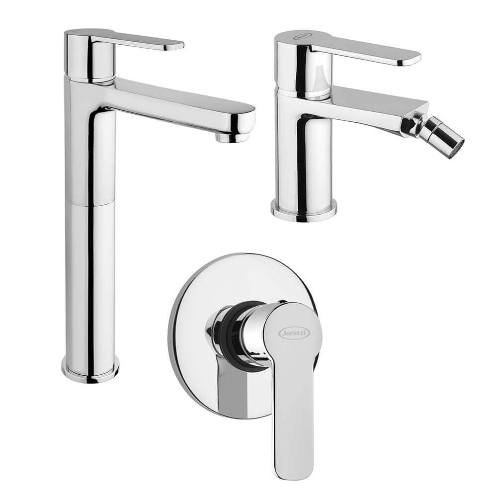Set miscelatori lavabo alto + bidet + incasso doccia Jacuzzi | rubinetteria Eolo ottone cromato per piletta click clack