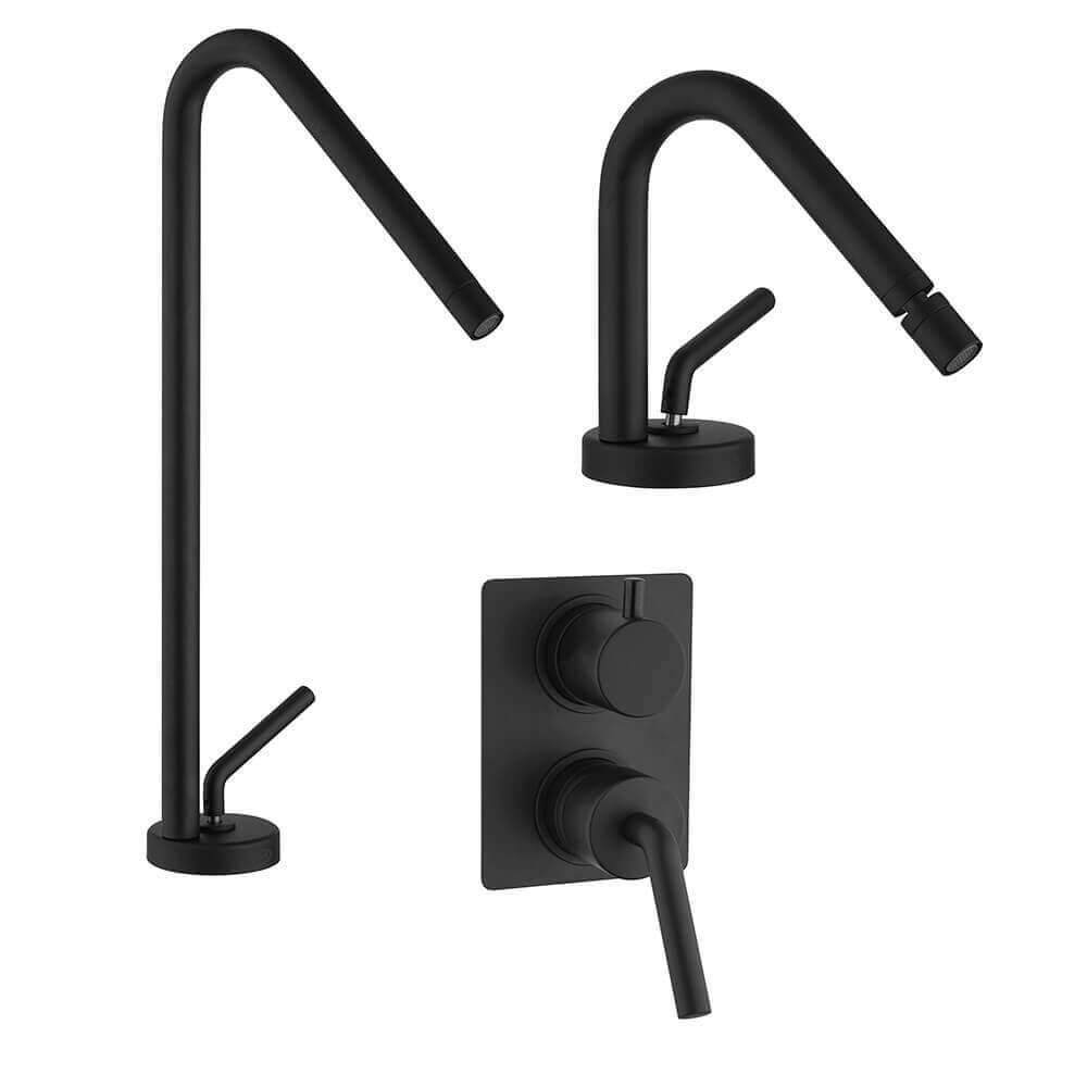 Set miscelatori nero opaco Jacuzzi Rubinetteria lavabo alto bidet e doccia incasso con deviatore modello Lumos