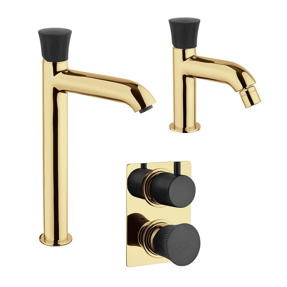 Set miscelatori oro spazzolato Jacuzzi Rubinetteria lavabo alto bidet e doccia incasso con deviatore serie Illumina Arcshop