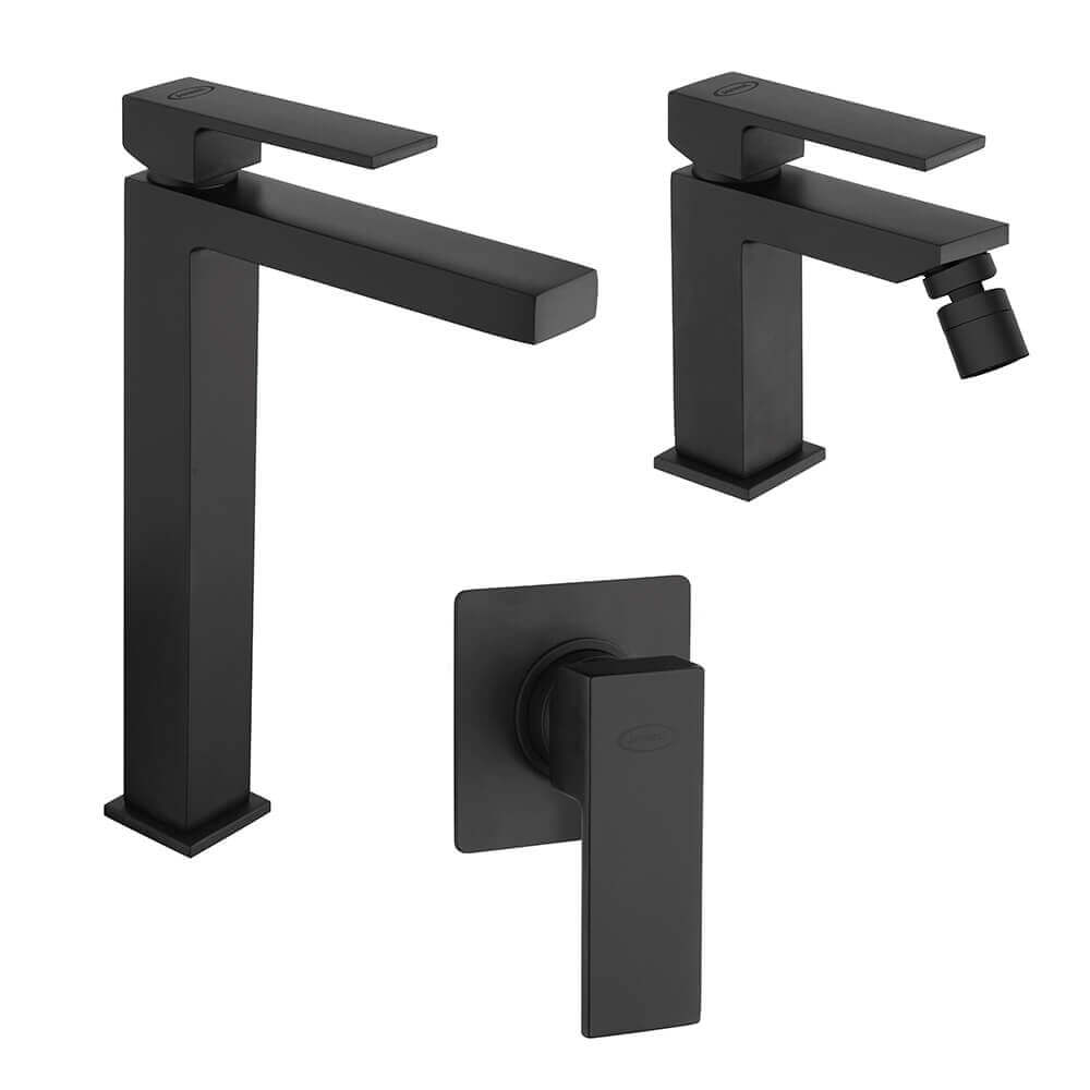 Set miscelatori lavabo alto bidet e incasso doccia nero opaco Jacuzzi Rubinetteria modello Twinkle