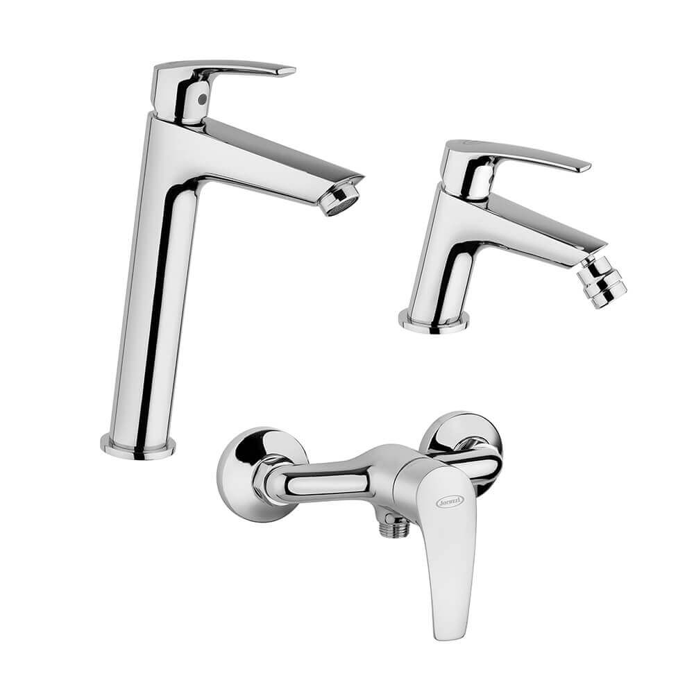 Set rubinetteria Jacuzzi lavabo alto e bidet per piletta click clack con miscelatore esterno doccia