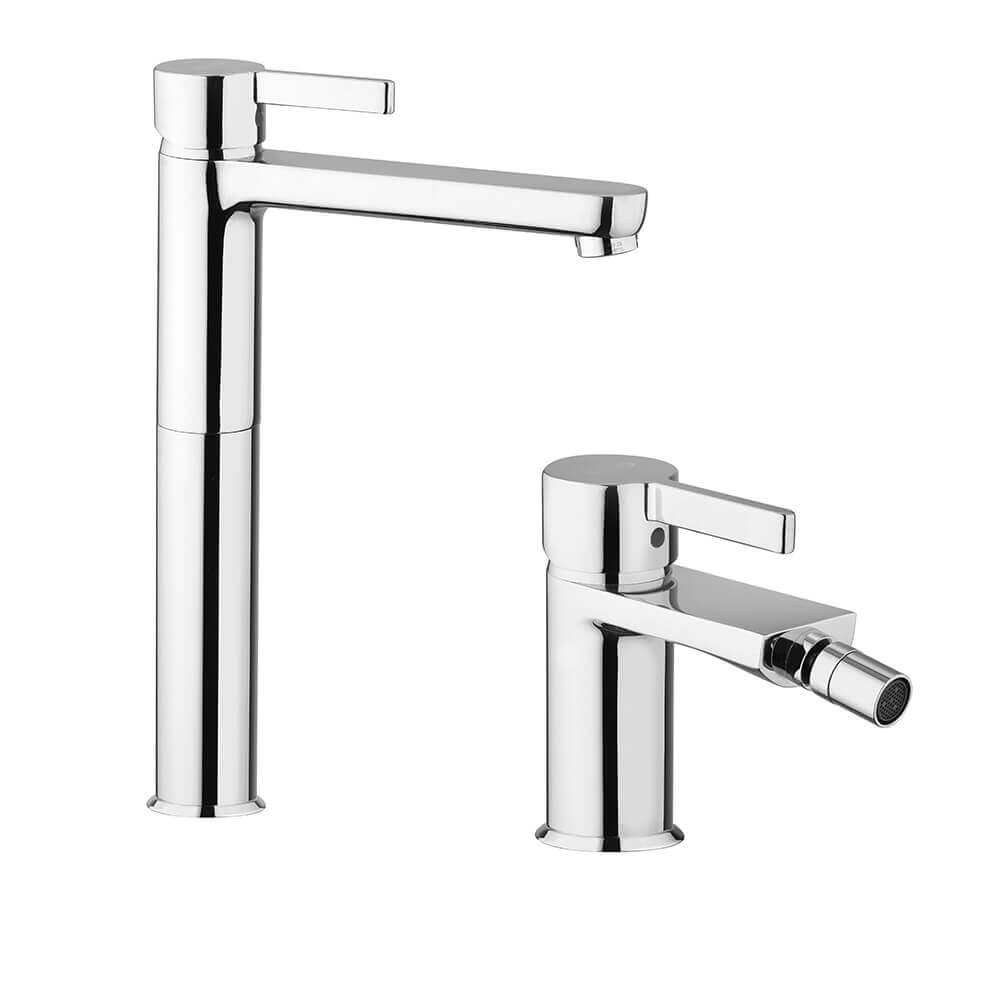 Set miscelatori lavabo alto e bidet Jacuzzi Rubinetteria modello Fiamma per piletta click clack